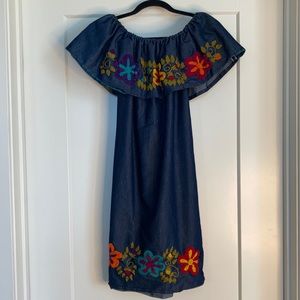 Navy Blue Off Shoulder Mini Dress with Embroidered Flowers. Size M